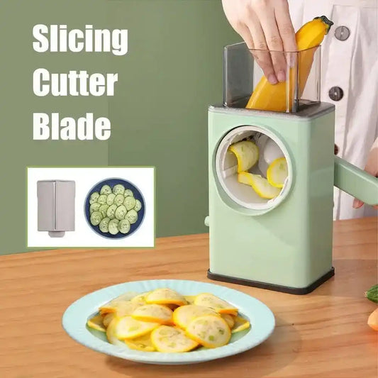 Green slicing cutter blade being used to slice a banana, with sliced bananas on a plate.